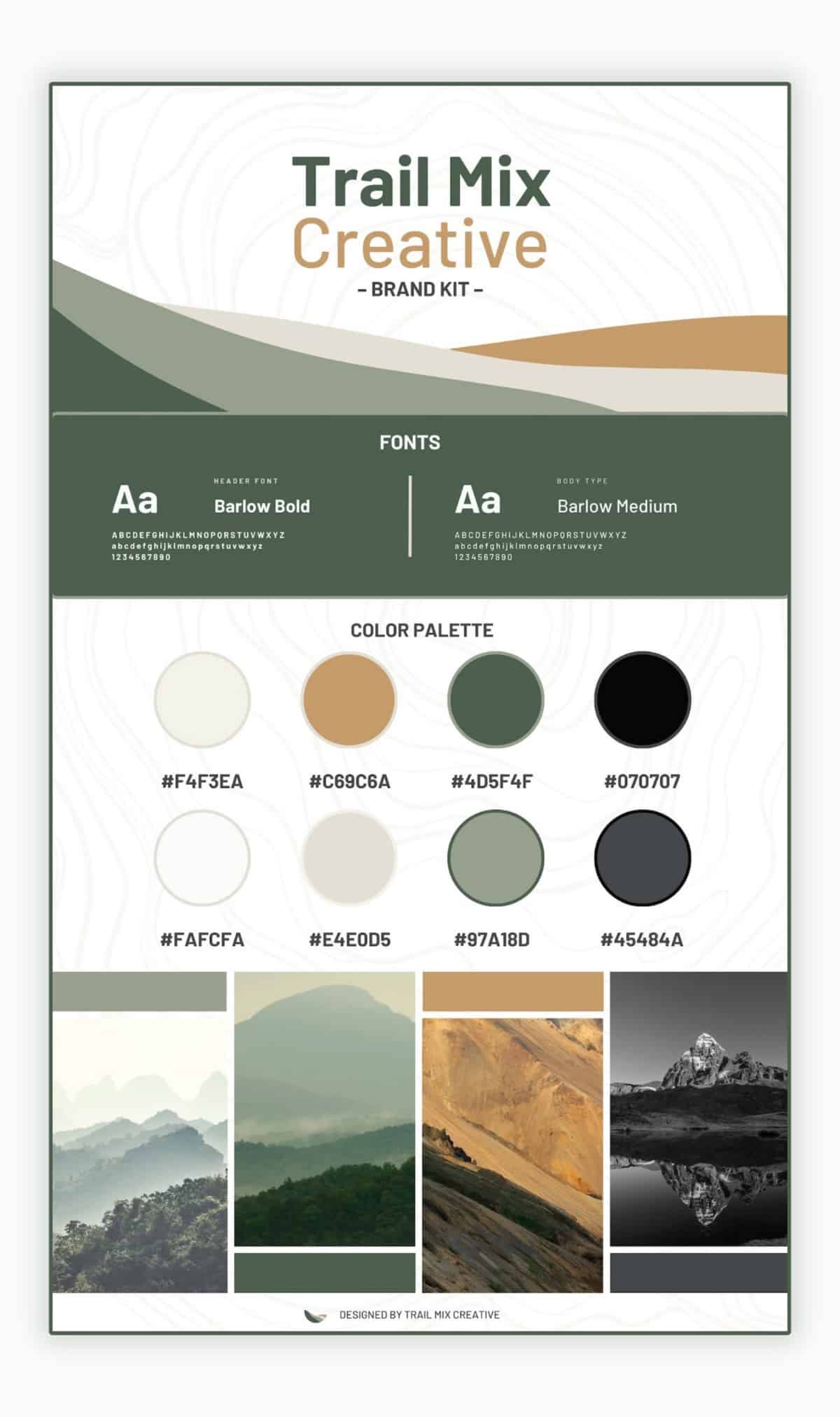 Fonts and color palette overview from a brand kit using canva